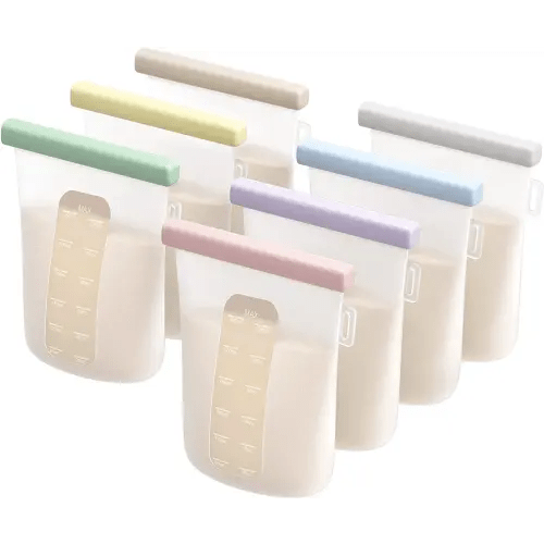 Nuliie 7 Pcs Reusable Silicone Breastmilk Storage Bags, 12oz/360ml Double Leak-Proof Breastmilk Freezer Bags, BPA Free Self-Standing Milk Bags for Breastfeeding, Baby Food Pouches