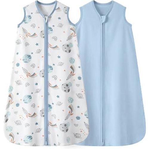 Nyessmee Baby Sleep Sack 6-12 Months 0.5 TOG, 100% Cotton Baby Wearable Blanket 2 Pack with 2-Way Zipper, Lightweight Sleep Bag for Boys ＆ Girls Newborn Infant Breathable Sleeing Sack Blue Rokets