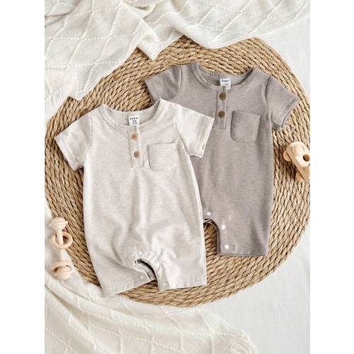 SHEIN 2pcs Newborn Infant Unisex Short Sleeve Romper, Solid Color Shortall, Soft & Comfortable Clothes, Can Be Used As Gifts, Essential For Every Baby, All Season, Suitable For Outdoor Baby Clothes Neutral Unisex Boy Baby Clothes Baby Boys Sets Neutral Ba