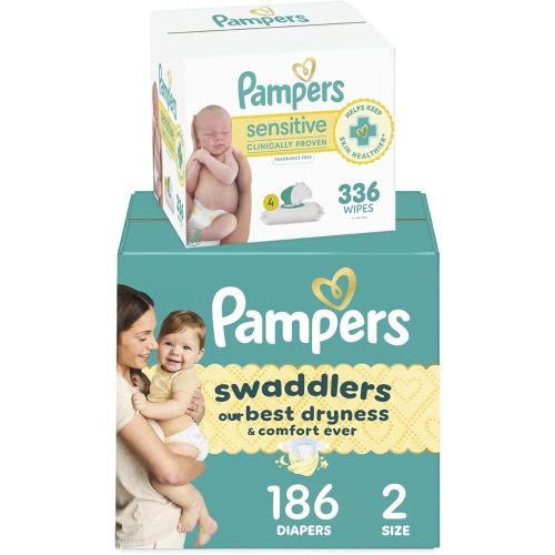 Diapers Size 2, 186 Count and Baby Wipes - Pampers Swaddlers Disposable Baby Diapers and Water Baby Wipes Sensitive Pop-Top Packs, 336 Count (Packaging May Vary)