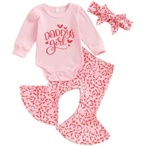 Newborn Baby Girl Valentines Day Outfit Daddy's Girl Romper Tops Bell Bottom Pants Headband 3Pcs Clothes Set