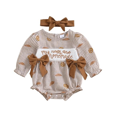 Xnqiwq Baby Girl Thanksgiving Outfit My Rolls are Homemade Onesie Bread Smocked Bubble Romper Fall Plaid Bodysuit Headband