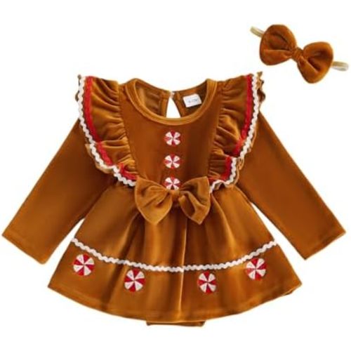 Newborn Baby Girl Christmas Outfit Gingerbread Man Romper Dress Infant Velvet Onesie Winter Cute Warm Clothes