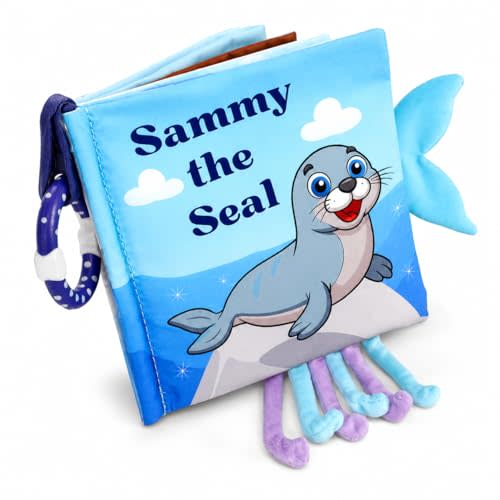 Soft Crinkle Cloth Book for Babies 0-18 Months  High Contrast Sensory Story Book with Teether, Mirror & Textures, Newborn Tummy Time Toy, Baby Shower for Boys & Girls  Sammy the Seal