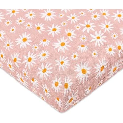 Babyletto 100% Organic Cotton All-Stages Midi Crib Sheet, GOTS-Certified, Fitted 360°, Ultra-Soft and Breathable Muslin - Daisy