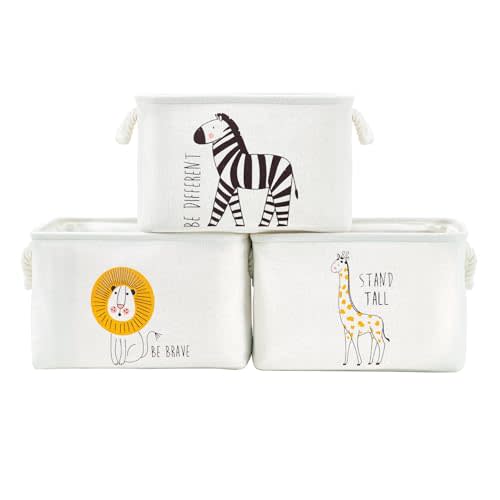 DECOMOMO Storage Baskets for Shelves 25.5L Canvas Storage Bin for Safari Nursery Décor, Baby Storage, Toys (Lion, Zebra, Giraffe – 3 Pack / Large)