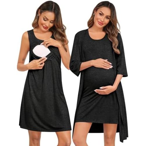 SWOMOG Women Maternity Nursing Gown and 3/4 Sleeve Robe Set Labor Delivery Nightgown Breastfeeding Hospital Bathrobe