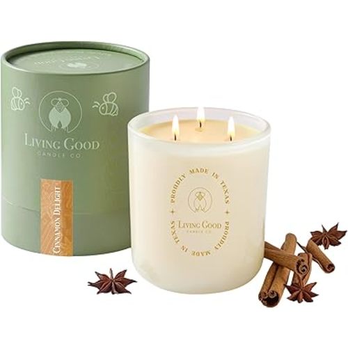 Fall Fresh Cinnamon Bark Essential Oil - Warm & Spicy Pure Beeswax Candle - 90+ Hours Long Burning - Non-Toxic Scented Candles for Autum Home Decor & Aromatherapy for Anxiety Relief - Natural - 15 OZ