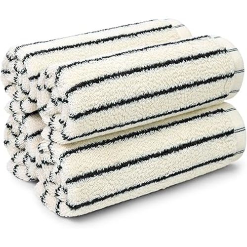 Jacquotha Striped Cotton Washcloths 4 Pack, 13” x 13” - Soft Wash Cloths for Bathroom, Kitchen, Gym, Face, Black and Cream