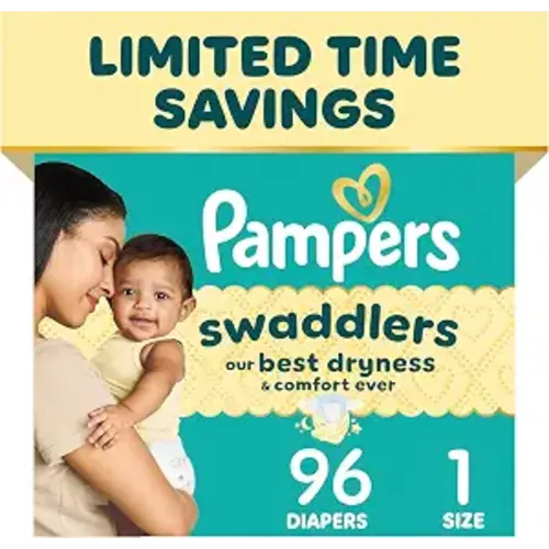 Pampers Swaddlers Diapers, Size 1 (8-14 lbs), 96 Count, Fragrance Free, Hypoallergenic, Absorbent, Pediatrician Recommended, Skin Safe