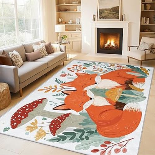 Cute Foxes Door Mat for Entryway, Washable 2x3 Woodland Animal Fox Small Rug, Kids Forest Animal Area Rugs for Bedroom Decor, Non Slip Low Pile Soft Front Door Rug D&T2