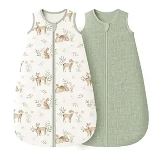 Konssy Muslin Baby Sleep Sack 6-12 Months 0.8 TOG, 2 Pack 100% Cotton Wearable Blanket for Babies, 2-Way Zipper Breathable Sleeping Sack Infant Toddler Essentials for Girls and Boys (Woodland,Sage)