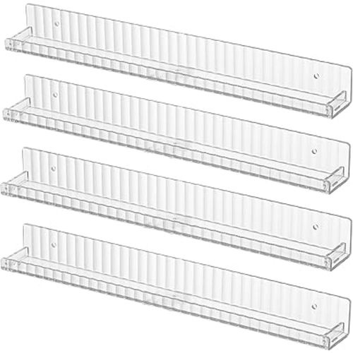 IEEK Floating Book Shelf for Wall,4 PCS Clear Acrylic Wall Bookshelf for Kids Room,Vertical Stripes Display Shelf with Removable Anti-Slip End Inserts for Bedroom Living Room Nursery Decor and Storage