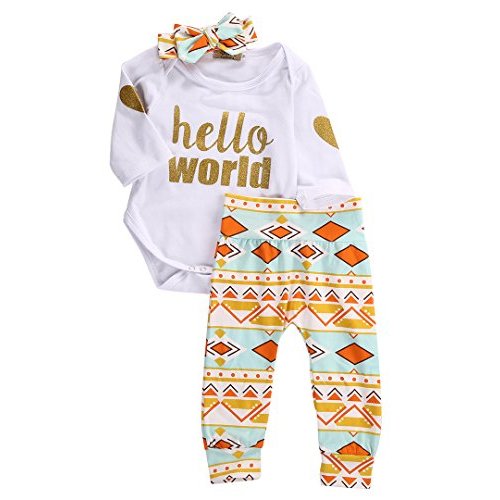 Newborn Baby Girls Top Rompers+Floral Pants Leggings Headband 3pcs Outfits Set (0-3 Months, Golden Hello World)
