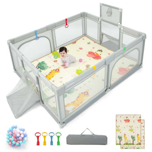 OLAKIDS Baby Playpen, 74” x 62” Extra Large Baby Play Yard with Crawling Mat, 50 Ocean Balls, 4 Pill Up Rings, Basketball Hoop and 2 Football Gates for Toddlers, Indoor Activity Center (Light Gray)
