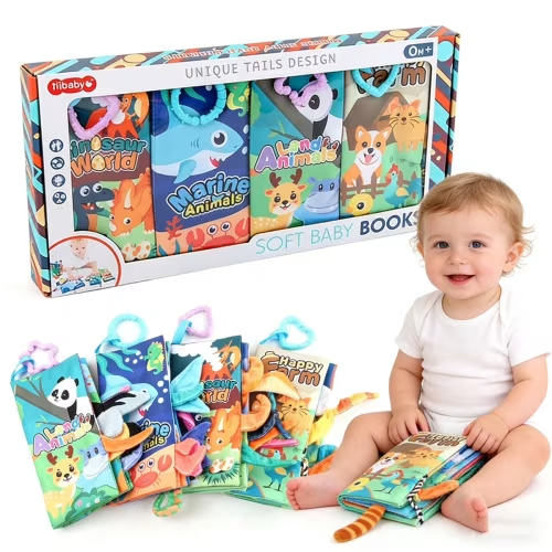 Baby Crinkle Books 4-Pack, Soft Cloth Sensory Toys for Infants, Newborn Tummy Time Essentials, 0-6 Months Unisex Baby Gift