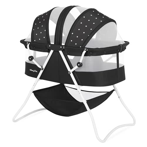 Dream On Me Karley Bassinet, Award Winner Lightweight Travel Baby Bassinet, Foldable Bedside Sleeper, Adjustable Double Canopy, Spacious Design, Soft Fabric, Storage Basket – Black and White