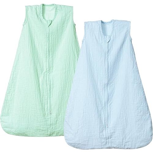 PHF 100% Muslin Cotton Baby Sleep Sacks, 0-6 Months Sleep Sack with 2-Way Zipper, 2 Pack Cooling Unisex 0.5 TOG Breathable Small Size Sleeveless Baby Wearable Blanket, Blue & Green