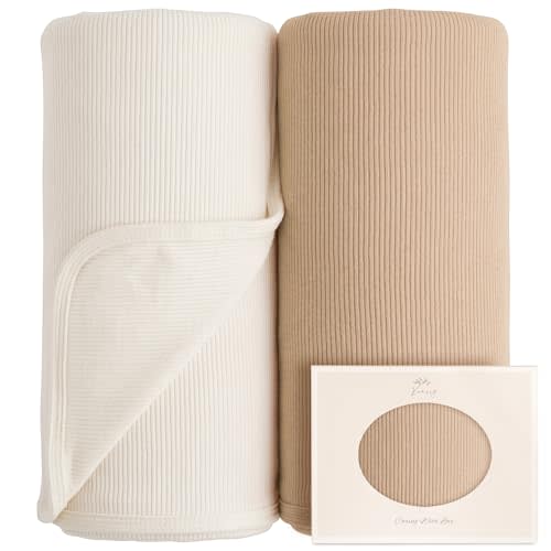 Konssy Ribbed Knit Baby Blankets 2 Pack, Stretchy Lightweight Swaddle Blanket for Boys & Girls, Soft Cozy Receiving Wrap for Newborns, Infants, & Toddlers, 33x42 Inch