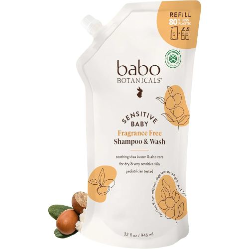 Babo Botanicals Sensitive Baby Fragrance-Free 2-in-1 Shampoo & Wash - Shea Butter, Calendula & Aloe Vera - EWG Verified - Cruelty-Free- Pediatrician Tested - For Babies & Kids - Refill pouch 32 fl.oz.