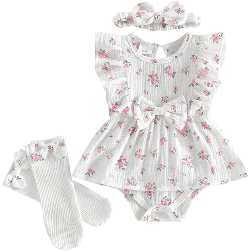 Baby Girl Summer Clothes Sastoral Style Flying Sleeve Ribbed Newborn Romper Floral Dress + Socks & Bow Headband