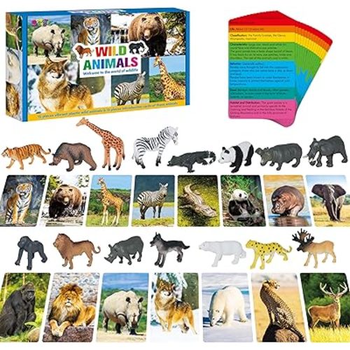 15 PCS Safari Animal Figurines with 15 Introducing Flashcards, Realistic Zoo Animal Figures Montessori Toys Science Educational Matching Game for Homeschool Preschool Toddler Kids