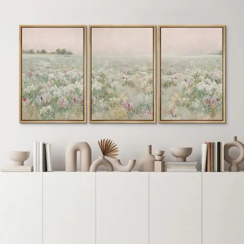 Wildflowers " Pastel Wildflower Field Nature Wilderness Illustrations Modern Decor Calm Relax Cozy For Bedroom " 3 - Pieces