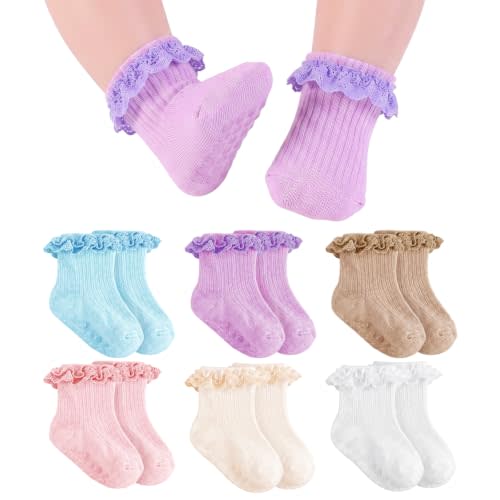 Baby Girl Ruffle Socks with Grips Soft Cotton Non Slip Ankle Socks | Frilly lace dress socks with anti-skid grips, breathable cotton footwear for newborn infants crawling, walking, church