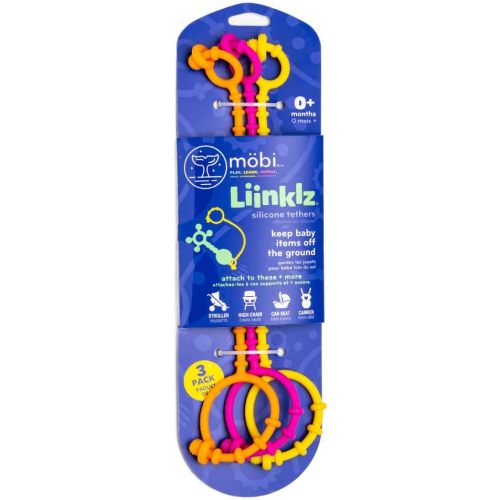 Mobi Liinklz Silicone Tethers for Car Seat & High Chair, Flexible, Soft Toy Straps for Baby, Easy Clean Toy Holder, Secure Stroller Straps for Infants 0+ Months, Vibrant Colors (3 Pack)