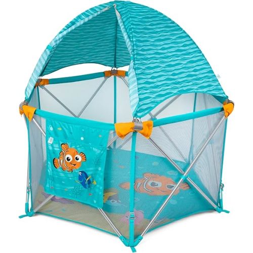 Bright Starts Disney Baby Finding Nemo Pop 'N Play Deluxe Portable Playard, Pop-and-Fold, Baby Beach Tent, UVA/UVB Protection, Indoor/Outdoor, 6 Months+