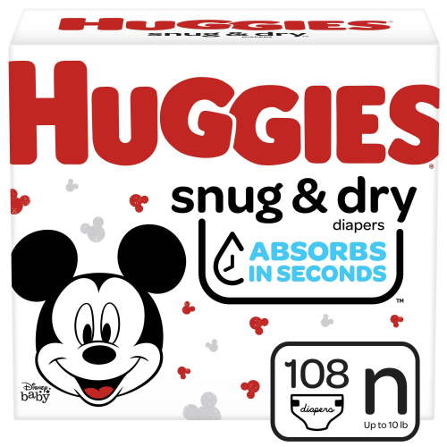 Huggies Snug & Dry Hypoallergenic Baby Diapers, Size Newborn, 108 Ct with Leak Lock System & Wetness Indicator