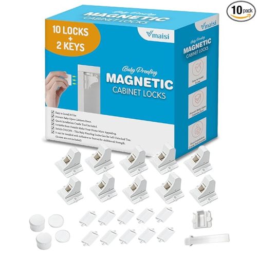 Vmaisi Adhesive Magnetic Locks for Cabinets & Drawers (10 Locks and 2 Keys)