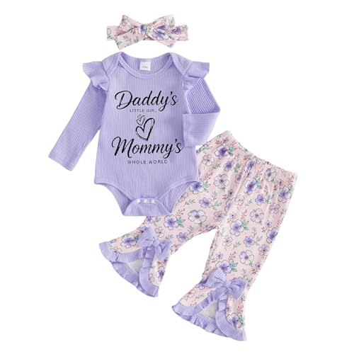Newborn Baby Girl Outfit Hello World Romper Floral Flare Pants Set | Long Sleeve Little Sister Romper, Fall Ribbed Knit Bodysuit, Flower Bell Bottoms, Newborn Coming Home From Hospital Outfit