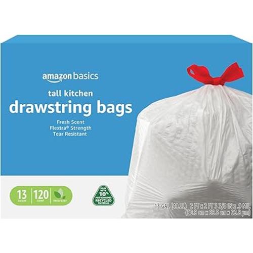 Amazon Basics 13 Gallon Flextra Strength Tall Kitchen Drawstring Trash Bags, Clean Fresh Scent, Tear Resistant, 10% Post Consumer Recycled, 120 Count