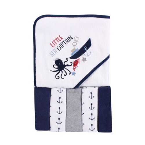 Luvable Friends Baby Boy Hooded Towel with Five Washcloths, Sea Captain, One Size