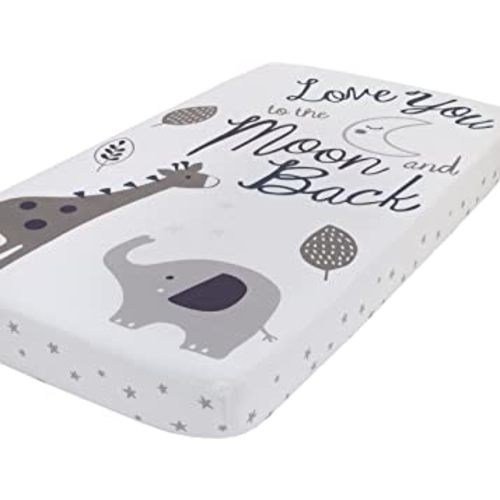 NoJo Love You to The Moon - 100% Cotton Grey and White Elephant and Giraffe Nursery Photo Op Fitted Crib Sheet Love You to The Moon and Back