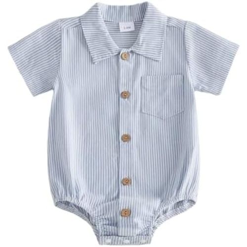 Sasaerucure Newborn Baby Boy Clothes Turndown Collar Striped Long/Short Sleeve Romper Button Up Jumpsuit Shirt Bodysuit
