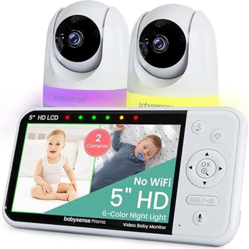 Babysense Prisma Baby Monitor with Camera and Audio, 5” HD Video Baby Monitor with 2 Cameras, 6-Color Night Light, Split Screen, Sound Machine with White Noise & Lullabies, Secure No WiFi