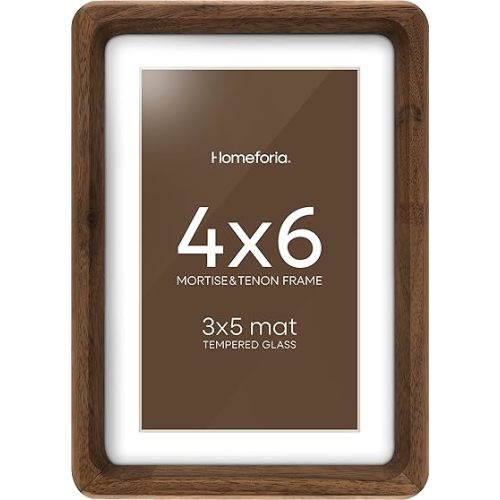Homeforia 4x6 Picture Frame Brown Wood, Mortise & Tenon Dark Wooden 4 x 6 Photo Frames with Mat 3 x 5 for Wall or Tabletop, 4by6 Walnut Frame Matted to 3x5 inch Art, Tempered Glass, Wall Kit, Set of 1