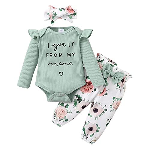 DISAUR Baby Girls Clothes Newborn Infant Baby Girls Outfit Long Sleeve Ruffle Romper Floral Pants Headband Sets 0-18 Months
