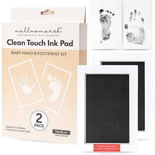 Mallowmarsh™ Clean Touch Baby Hand and Footprint Ink Pad Kit, No-Mess Black Medium Ink, 2 Pack with Imprint Cards, Safe for 0-6 Months
