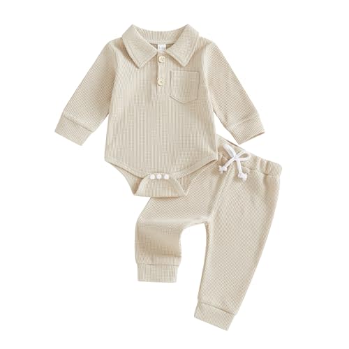 Newborn Baby Boy Clothes Solid Waffle Knit Long Sleeve Button Up Collared Romper Long Pants Set Fall Winter Outfits