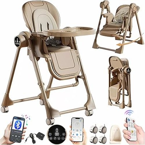 Nine point nine Electric Bluetooth Smart PU Leather Baby High Chair with Swinging Function, High Chairs for Babies and Toddlers, Baby Seat Feeding Chairs, Removable Wheels, Double Tray (E8121 Khaki)