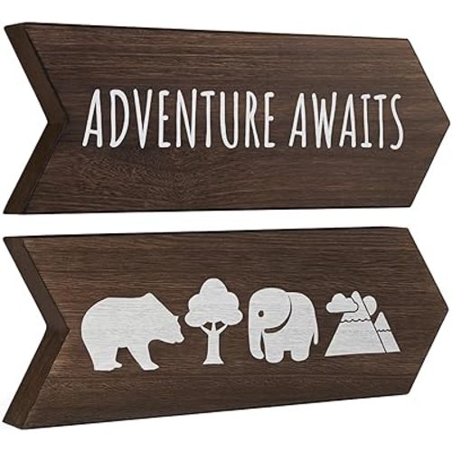 Nursery Wall Decor - 2 Pcs Wood Adventure Awaits Sign, Nursery Decor For Kids Room, Safari Theme Woodland Decorations, Toddler Easter Gifts for Babies - 14 x 10 inch