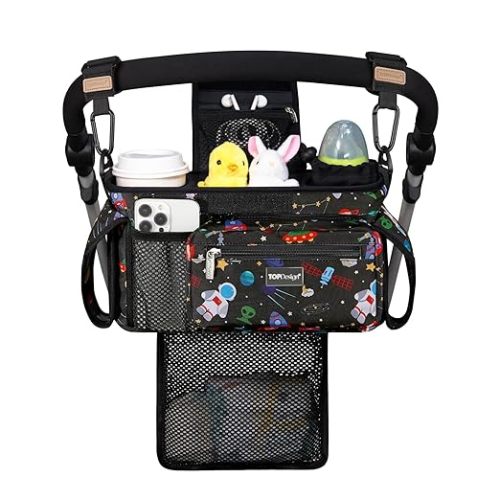 TOPDesign Universal Baby Stroller Organizer, Stroller Caddy with Detachable Mesh Bag & Heightened Insulated Cup Holders & Non-Slip Secure Hooks Accessories, Fits Most Strollers (Space Exploration)