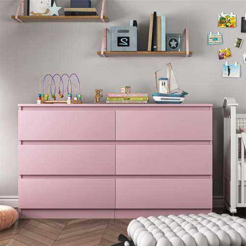 Hommoo Pink 6 Drawer Dresser, Wood Modern Storage Cabinet Dresser Organizer, Chest of Drawers for Living Room, Closet, Hallway, Nursery