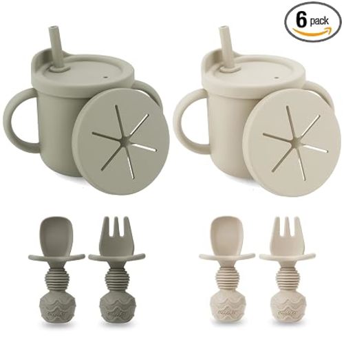 PandaEar 2 Pack Silicone Baby Straw & Snack Cup with 2 Spoons 2 Forks, Dual-Purpose Toddler Training Cups, Light Tan/Walnut