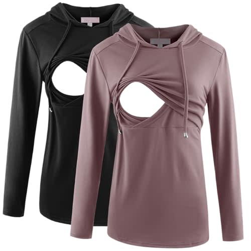 Bhome Nursing Shirt Long Sleeves Hoodie Breastfeeding Top Sweatshirt