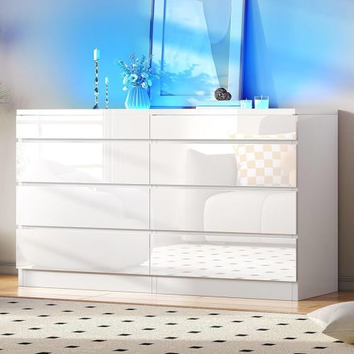 YITAHOME 8 Drawer Dresser with LED, White Dresser, Modern 8 Chest of Drawers with Deep Drawers Glass Top High Gloss Surface, Storage Organizer Cabinet for Living Room