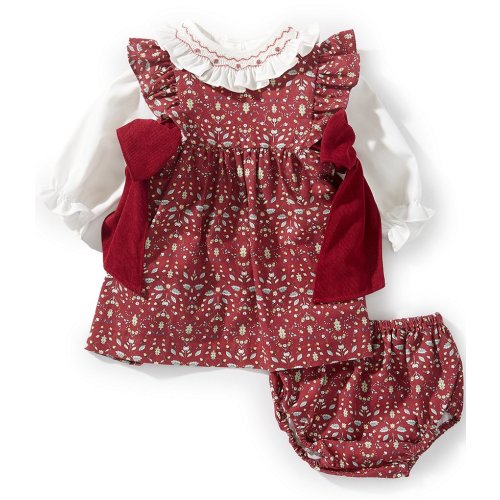 Edgehill Collection Baby Girls Burgundy Floral Long Sleeve Bow Dress